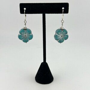 Blue Hibiscus Flower Earrings Faceted Crystal Silver Filled Leverbacks